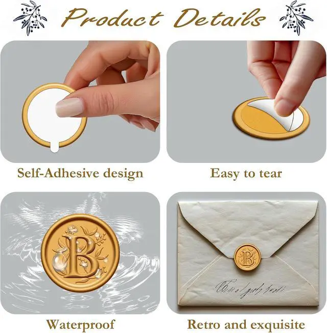 Alt view image 3 of 7 - 20 Pack Gold Initial Alphabet Self-Adhesive Wax Seal Stickers - Wedding, Party, Birthday, Christmas Envelope Seals