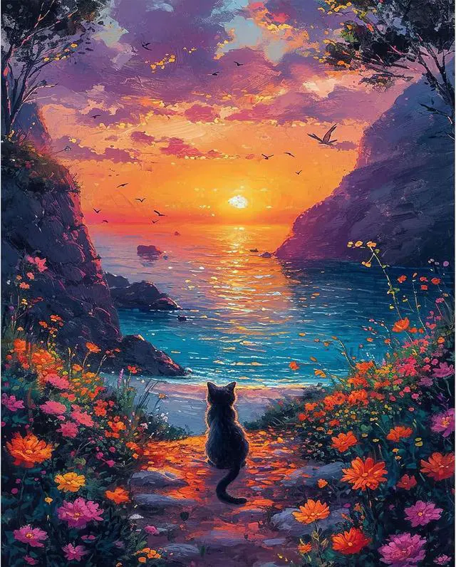 Main image of Sunset Paint by Numbers Kit for Adults Beginner Without Frame 16x20 IN | Mountain Lake Scenery Paint by Numbers for Adults, Cat DIY Acrylic Painting, Stress Relief Craft Kits, Home Wall Decor Gift