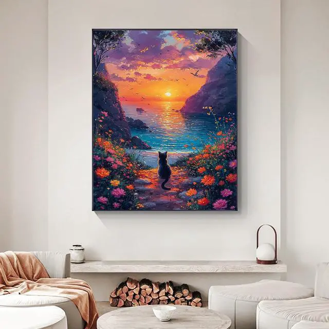 Alt view image 2 of 7 - Sunset Paint by Numbers Kit for Adults Beginner Without Frame 16x20 IN | Mountain Lake Scenery Paint by Numbers for Adults, Cat DIY Acrylic Painting, Stress Relief Craft Kits, Home Wall Decor Gift
