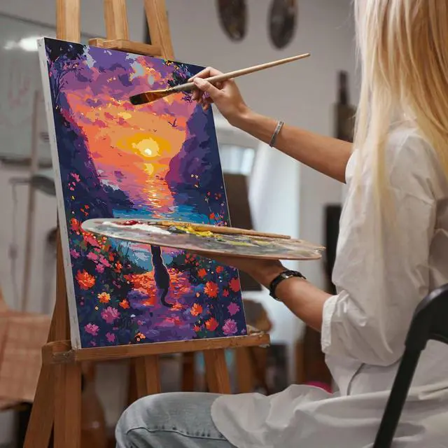 Alt view image 5 of 7 - Sunset Paint by Numbers Kit for Adults Beginner Without Frame 16x20 IN | Mountain Lake Scenery Paint by Numbers for Adults, Cat DIY Acrylic Painting, Stress Relief Craft Kits, Home Wall Decor Gift
