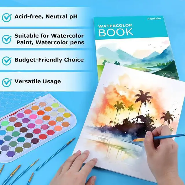 Alt view image 3 of 7 - Hapikalor Watercolor Paper Pad, 9"x12" Water Color Paper, 140lb/300gsm Teal | Artist Painting Drawing Paper Book, Art Supplies for Adults Kids, Watercolors, Watercolor Paint Set, Sketchbook, Journal