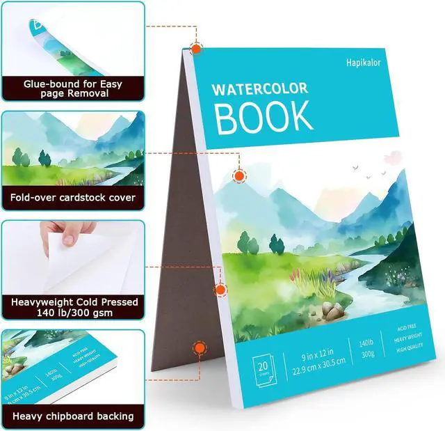 Alt view image 7 of 7 - Hapikalor Watercolor Paper Pad, 9"x12" Water Color Paper, 140lb/300gsm Teal | Artist Painting Drawing Paper Book, Art Supplies for Adults Kids, Watercolors, Watercolor Paint Set, Sketchbook, Journal