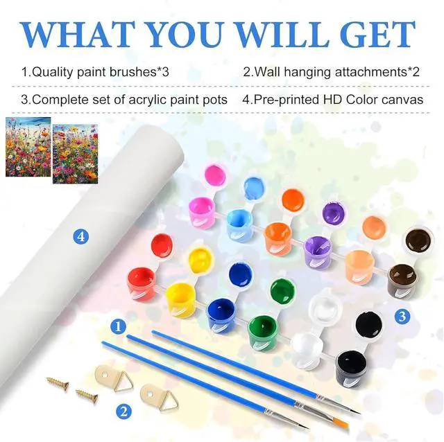 Alt view image 5 of 5 - Kaixine 2 Pack Wild Flowers Paint by Numbers for Adults,Bohemian Style DIY Paint by Diamonds Dot,Adult Paint by Number Kits on Canvas Flowers,Home Wall Decor 12x16 inch