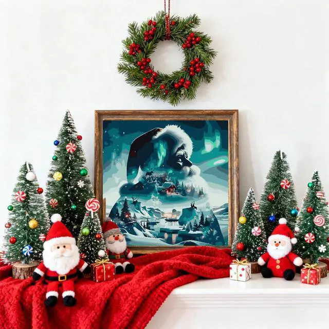 Alt view image 2 of 7 - VIGEGU Santa Claus Paint by Numbers Kit for Adults Beginner Without Frame,Winter Landscape Paint by Number DIY Adult Paint by Number Kits for Home Decor 13.7x13.7 in
