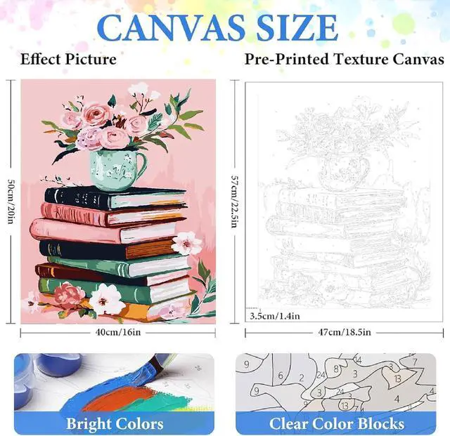 Alt view image 2 of 6 - ZRIZQ Paint by Numbers Kit for Adults Beginner,Books Flowers,16x20 | Full set with wooden brushes,rolled canvas,rich paints.Calming activity.Beginner friendly.Just open and paint.