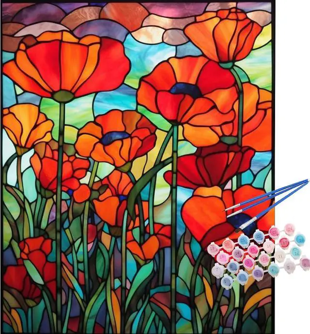 Main image of TOCARE Stained Glass Paint by Numbers Kit for Adults Beginners, Flowers Paint by Number for Adults, Simple Oil Painting Adult Paint by Numbers Red Poppy 16x20inch