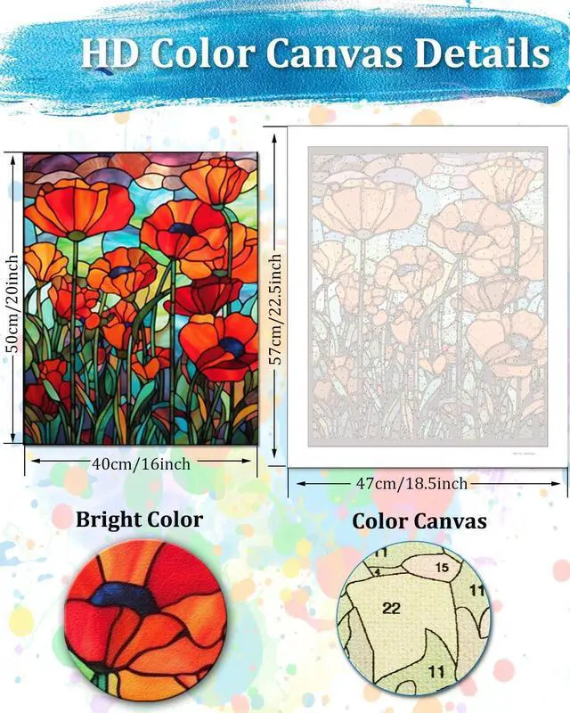 Alt view image 2 of 7 - TOCARE Stained Glass Paint by Numbers Kit for Adults Beginners, Flowers Paint by Number for Adults, Simple Oil Painting Adult Paint by Numbers Red Poppy 16x20inch