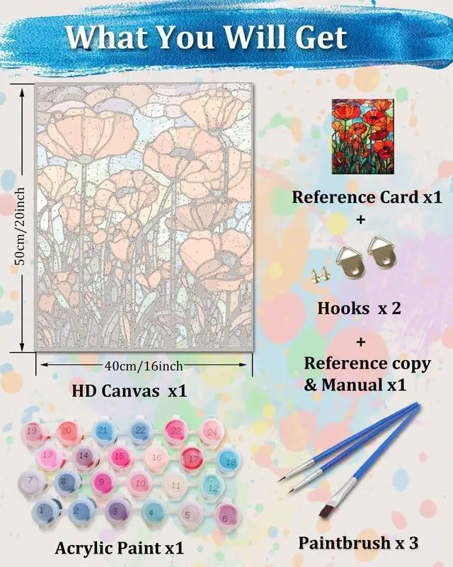 Alt view image 3 of 7 - TOCARE Stained Glass Paint by Numbers Kit for Adults Beginners, Flowers Paint by Number for Adults, Simple Oil Painting Adult Paint by Numbers Red Poppy 16x20inch