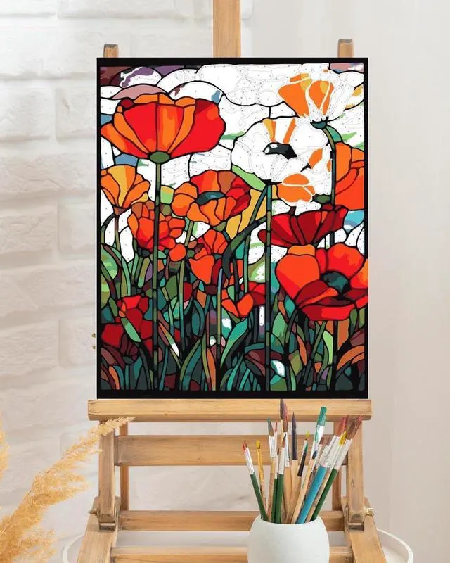 Alt view image 5 of 7 - TOCARE Stained Glass Paint by Numbers Kit for Adults Beginners, Flowers Paint by Number for Adults, Simple Oil Painting Adult Paint by Numbers Red Poppy 16x20inch
