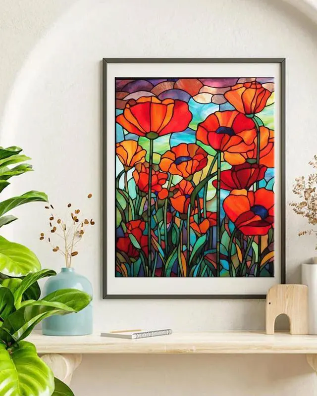 Alt view image 6 of 7 - TOCARE Stained Glass Paint by Numbers Kit for Adults Beginners, Flowers Paint by Number for Adults, Simple Oil Painting Adult Paint by Numbers Red Poppy 16x20inch