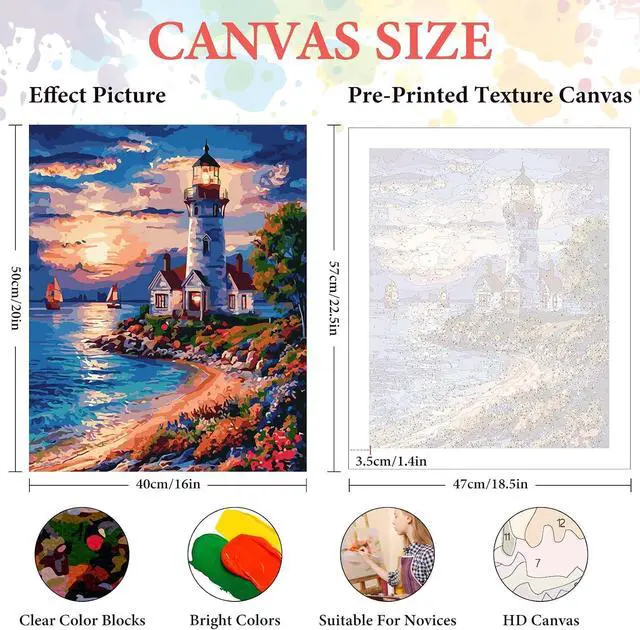 Alt view image 2 of 7 - Paint by Numbers Kit for Adults Beginner, Coastal Lighthouse, 16x20 Inch | DIY Acrylic Sunset Number Painting Canvas Set, Stress Relief Craft, Relaxing Hobby, Home Wall Decor, Gift for Adults
