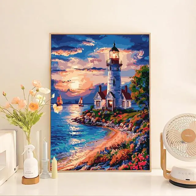 Alt view image 3 of 7 - Paint by Numbers Kit for Adults Beginner, Coastal Lighthouse, 16x20 Inch | DIY Acrylic Sunset Number Painting Canvas Set, Stress Relief Craft, Relaxing Hobby, Home Wall Decor, Gift for Adults