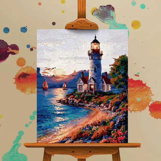 Alt view image 4 of 7 - Paint by Numbers Kit for Adults Beginner, Coastal Lighthouse, 16x20 Inch | DIY Acrylic Sunset Number Painting Canvas Set, Stress Relief Craft, Relaxing Hobby, Home Wall Decor, Gift for Adults