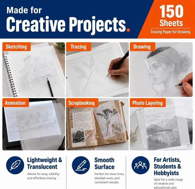 Alt view image 6 of 7 - PSLER 150PCS Transfer Tracing Paper - Translucent Trace Paper for Drawing | Use with Tracing Paper, Transparent Paper for Pencil, Ink, Markers, Artist Lettering, Sketching, Sewing Patterns, A4