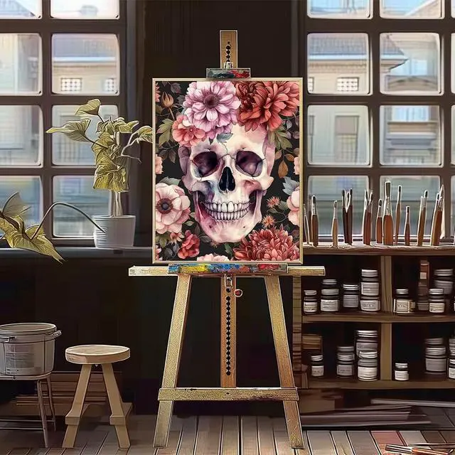 Alt view image 2 of 7 - Natuyalo Paint by Numbers Kit for Adults - Paint by Number on Canvas Without Frame, Skull and Flowers DIY Acrylic Painting for Ideal Gift Home Wall Decor (16x20 Inch)