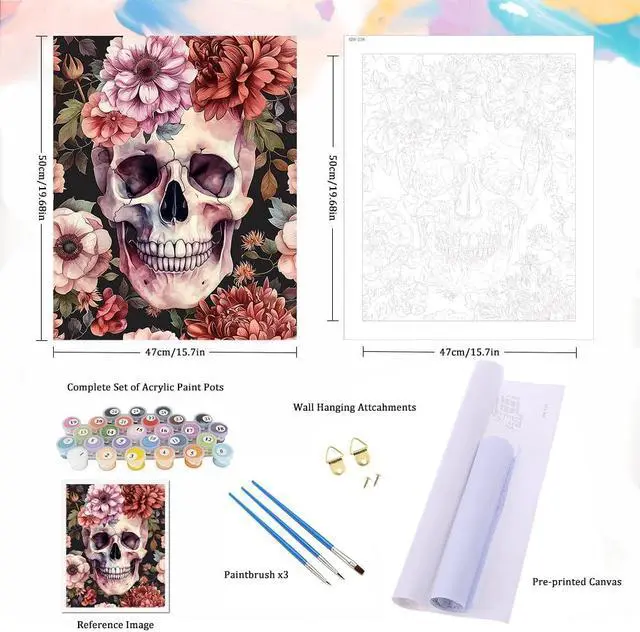 Alt view image 5 of 7 - Natuyalo Paint by Numbers Kit for Adults - Paint by Number on Canvas Without Frame, Skull and Flowers DIY Acrylic Painting for Ideal Gift Home Wall Decor (16x20 Inch)