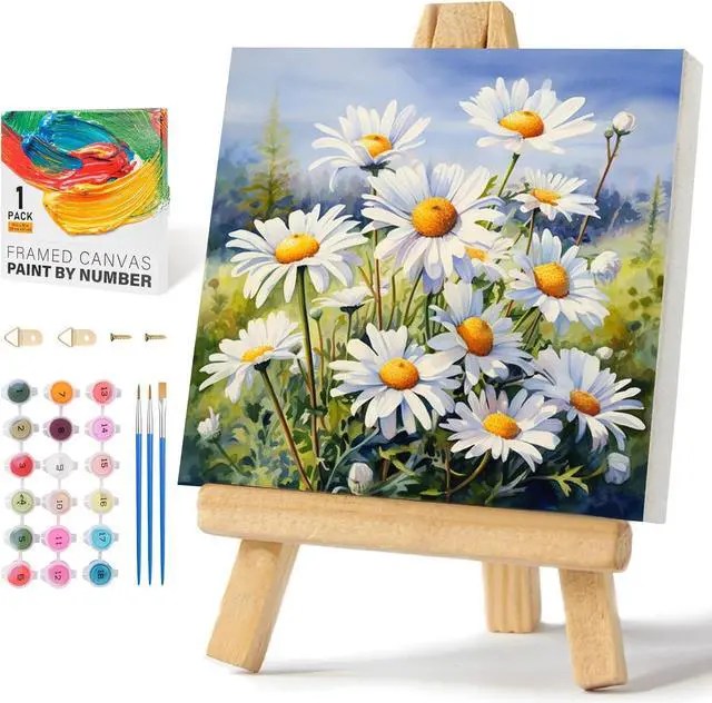 Main image of Offito Framed Paint by Numbers Kit for Adults Beginners, Daisy Flowers | 10x10 Inch, without Easel, Easy DIY Acrylic Canvas Craft Kit with Frame, Home Decor, Stress Relief Relaxing Hobby Gift