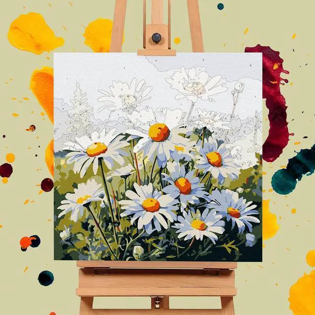 Alt view image 4 of 7 - Offito Framed Paint by Numbers Kit for Adults Beginners, Daisy Flowers | 10x10 Inch, without Easel, Easy DIY Acrylic Canvas Craft Kit with Frame, Home Decor, Stress Relief Relaxing Hobby Gift
