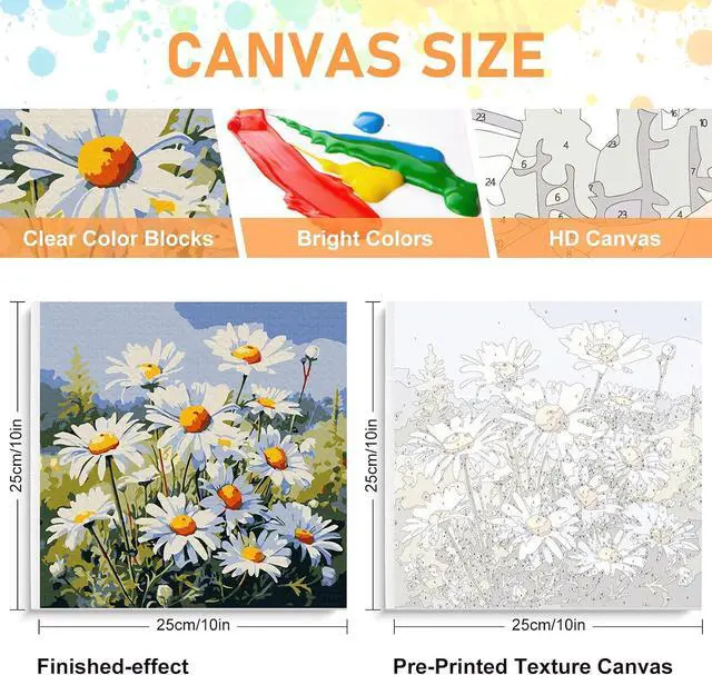 Alt view image 2 of 7 - Offito Framed Paint by Numbers Kit for Adults Beginners, Daisy Flowers | 10x10 Inch, without Easel, Easy DIY Acrylic Canvas Craft Kit with Frame, Home Decor, Stress Relief Relaxing Hobby Gift