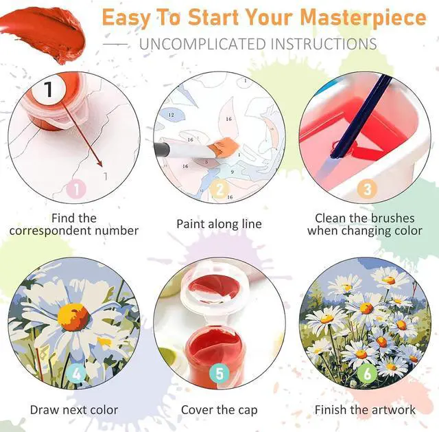 Alt view image 7 of 7 - Offito Framed Paint by Numbers Kit for Adults Beginners, Daisy Flowers | 10x10 Inch, without Easel, Easy DIY Acrylic Canvas Craft Kit with Frame, Home Decor, Stress Relief Relaxing Hobby Gift
