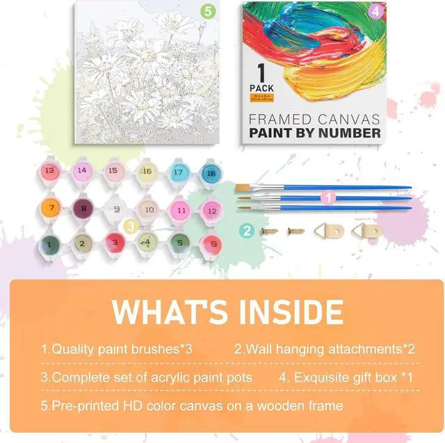 Alt view image 6 of 7 - Offito Framed Paint by Numbers Kit for Adults Beginners, Daisy Flowers | 10x10 Inch, without Easel, Easy DIY Acrylic Canvas Craft Kit with Frame, Home Decor, Stress Relief Relaxing Hobby Gift