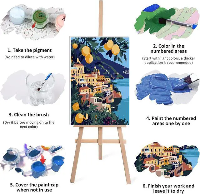 Alt view image 7 of 7 - Lxmsja Amalfi Coast Paint by Numbers Kit for Adults, Lemon Trees Acrylic Paint by Numbers for Adults Beginner, DIY Craft Supplies Oil Painting Kits for Home Wall Decor 8x12 inch (Framed)