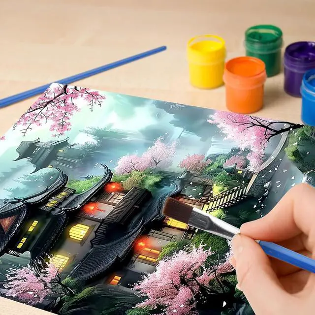 Alt view image 2 of 7 - Beautiful Landscape Temple Paint by Numbers Kits for Adults, Paint by Number Beginner, Cherry Blossom, Canvas Painting by Numbers for Adults, Easy Oil Painting Kits for Gifts Home Decor 16x20 Inch