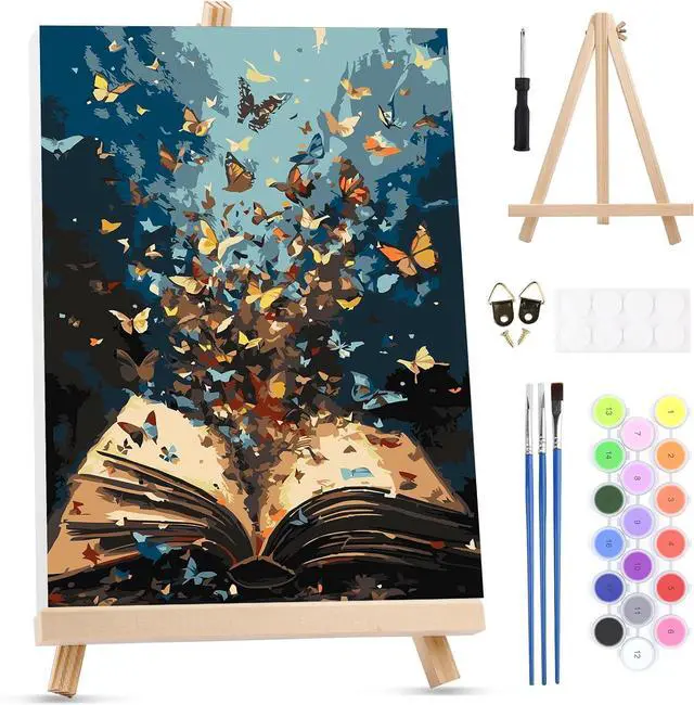 Main image of MXJSUA Butterflies Book Paint by Numbers Kit with Frame for Adults, Easy Beginners Paint by Number on Canvas with Easel, Acrylic Number Painting Craft Gifts for Home Decor, 8x12 inch