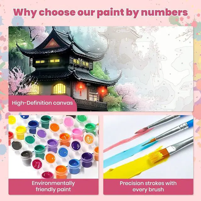 Alt view image 4 of 7 - Beautiful Landscape Temple Paint by Numbers Kits for Adults, Paint by Number Beginner, Cherry Blossom, Canvas Painting by Numbers for Adults, Easy Oil Painting Kits for Gifts Home Decor 16x20 Inch