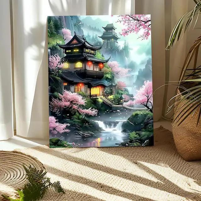 Alt view image 6 of 7 - Beautiful Landscape Temple Paint by Numbers Kits for Adults, Paint by Number Beginner, Cherry Blossom, Canvas Painting by Numbers for Adults, Easy Oil Painting Kits for Gifts Home Decor 16x20 Inch