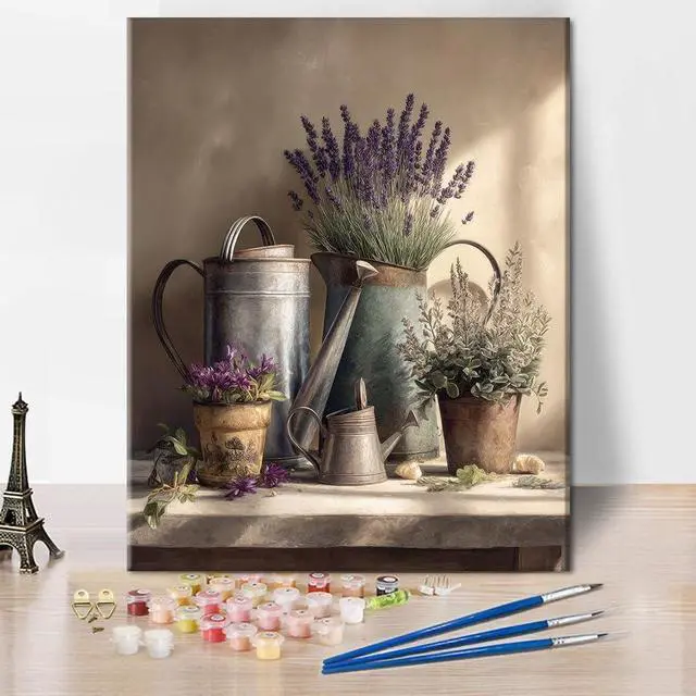 Main image of TUMOVO Flowers Acrylic Paint by Numbers Kit for Adults Floral in Tin Cans | retro 16x20 inch pre-numbered canvas with acrylic paints, match numbers to colors, no color mixing needed.