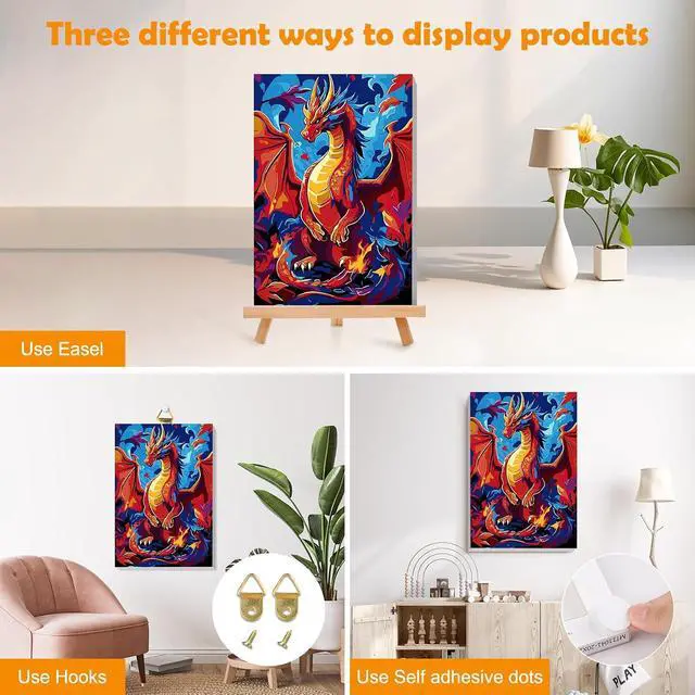 Alt view image 3 of 7 - MOGTAA Dragon Paint by Numbers Kit for Adults Beginners with Frame, Animal Adult Paint by Number Kits on Canvas with Easel, Easy DIY Oil Painting Kits for Home Decor, 8x12in
