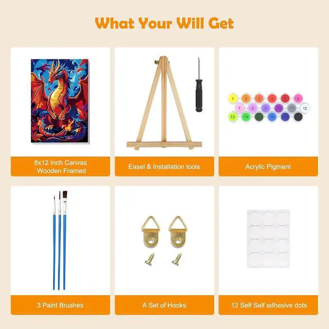 Alt view image 5 of 7 - MOGTAA Dragon Paint by Numbers Kit for Adults Beginners with Frame, Animal Adult Paint by Number Kits on Canvas with Easel, Easy DIY Oil Painting Kits for Home Decor, 8x12in