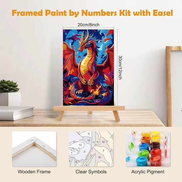 Alt view image 2 of 7 - MOGTAA Dragon Paint by Numbers Kit for Adults Beginners with Frame, Animal Adult Paint by Number Kits on Canvas with Easel, Easy DIY Oil Painting Kits for Home Decor, 8x12in
