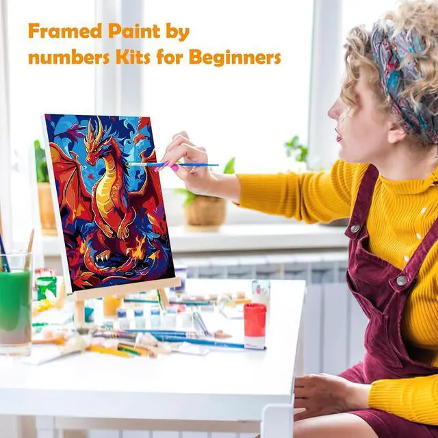 Alt view image 4 of 7 - MOGTAA Dragon Paint by Numbers Kit for Adults Beginners with Frame, Animal Adult Paint by Number Kits on Canvas with Easel, Easy DIY Oil Painting Kits for Home Decor, 8x12in