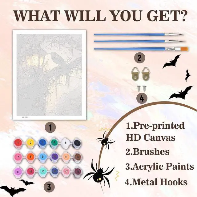 Alt view image 6 of 7 - PHANTASYART Gothic Paint by Numbers Kit for Adults 16x20inch | Crow Paint by Number Adult, Raven Canvas Paint by Numbers for Adults, DIY Acrylic Painting Kit, Dark Academia Wall Art