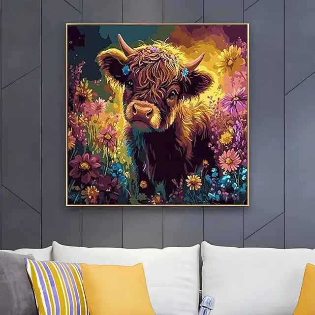Alt view image 3 of 6 - OJTOYART Highland Cattle Paint by Numbers Kit for Adults Beginners, Chrysanthemum Paint by Number Kits on Canvas, DIY Acrylic Oil Painting Kits for Home Wall Decor 16 x16 Inch