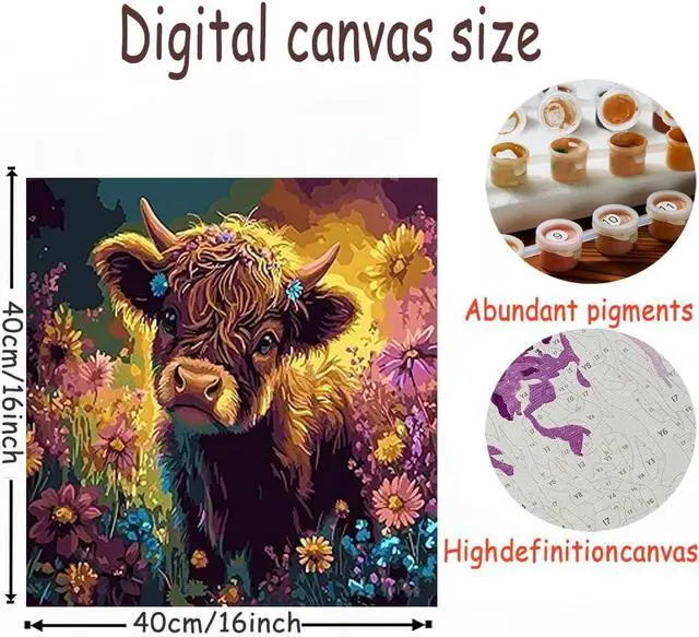 Alt view image 5 of 6 - OJTOYART Highland Cattle Paint by Numbers Kit for Adults Beginners, Chrysanthemum Paint by Number Kits on Canvas, DIY Acrylic Oil Painting Kits for Home Wall Decor 16 x16 Inch