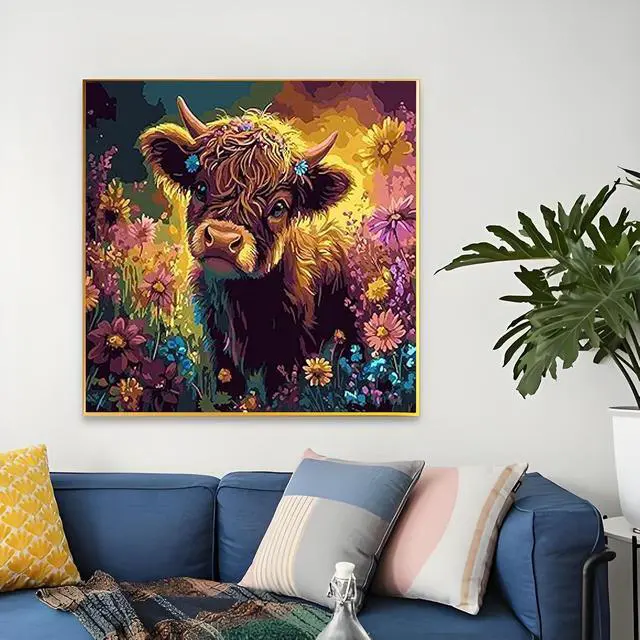 Alt view image 2 of 6 - OJTOYART Highland Cattle Paint by Numbers Kit for Adults Beginners, Chrysanthemum Paint by Number Kits on Canvas, DIY Acrylic Oil Painting Kits for Home Wall Decor 16 x16 Inch