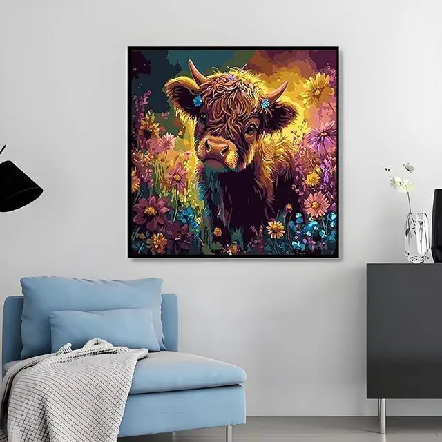 Alt view image 4 of 6 - OJTOYART Highland Cattle Paint by Numbers Kit for Adults Beginners, Chrysanthemum Paint by Number Kits on Canvas, DIY Acrylic Oil Painting Kits for Home Wall Decor 16 x16 Inch