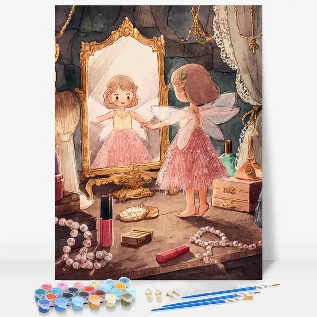 Main image of Aeontinity Makeup Table Fairy Goddess Framed Canvas DIY Paint by Numbers Kit Bar Cafe Cave Home Room Wall Bathroom Porch Patio Decor Gift, 16 x 12 Inch