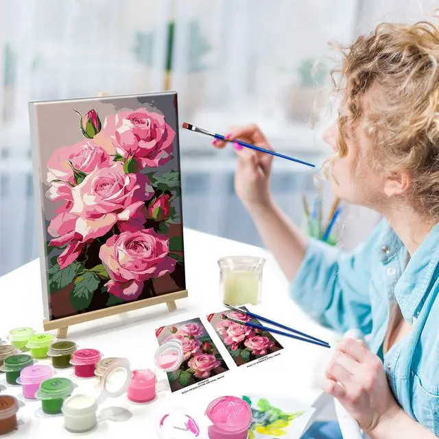 Alt view image 4 of 7 - ATDMS Paint by Numbers Kit for Adults with Frame Flowers Paint by Numbers Kit with Easel DIY Adult Paint by Number Kits on Canvas Framed Floral Oil Painting Kits for Home Wall Decor 8x12 Inch