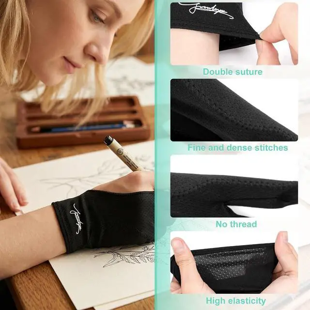 Alt view image 4 of 7 - Digital Drawing Glove 3-Layer Palm Rejection Two-Finger Artist Glove for Graphics Drawing Tablet, Monitor, Sketching, iPad, Paper, Fits for Right and Left Hand (Small, Black)