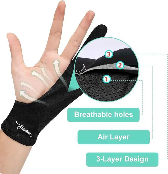 Alt view image 3 of 7 - Digital Drawing Glove 3-Layer Palm Rejection Two-Finger Artist Glove for Graphics Drawing Tablet, Monitor, Sketching, iPad, Paper, Fits for Right and Left Hand (Small, Black)