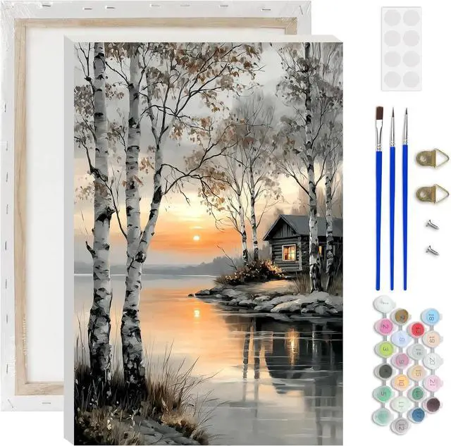 Main image of Lxmsja Lakeside Cabin Paint by Numbers Kit for Adults, Birch Trees Acrylic Paint by Numbers for Adults Beginner, DIY Craft Supplies Oil Painting Kits for Home Wall Decor 8x12 inch (Framed)