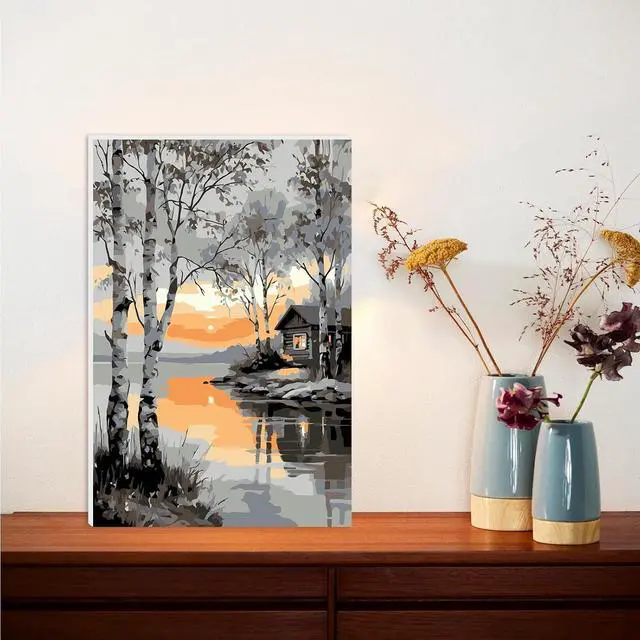 Alt view image 2 of 7 - Lxmsja Lakeside Cabin Paint by Numbers Kit for Adults, Birch Trees Acrylic Paint by Numbers for Adults Beginner, DIY Craft Supplies Oil Painting Kits for Home Wall Decor 8x12 inch (Framed)
