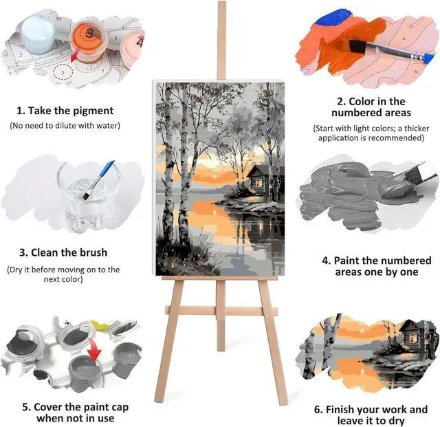 Alt view image 7 of 7 - Lxmsja Lakeside Cabin Paint by Numbers Kit for Adults, Birch Trees Acrylic Paint by Numbers for Adults Beginner, DIY Craft Supplies Oil Painting Kits for Home Wall Decor 8x12 inch (Framed)