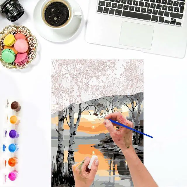 Alt view image 6 of 7 - Lxmsja Lakeside Cabin Paint by Numbers Kit for Adults, Birch Trees Acrylic Paint by Numbers for Adults Beginner, DIY Craft Supplies Oil Painting Kits for Home Wall Decor 8x12 inch (Framed)