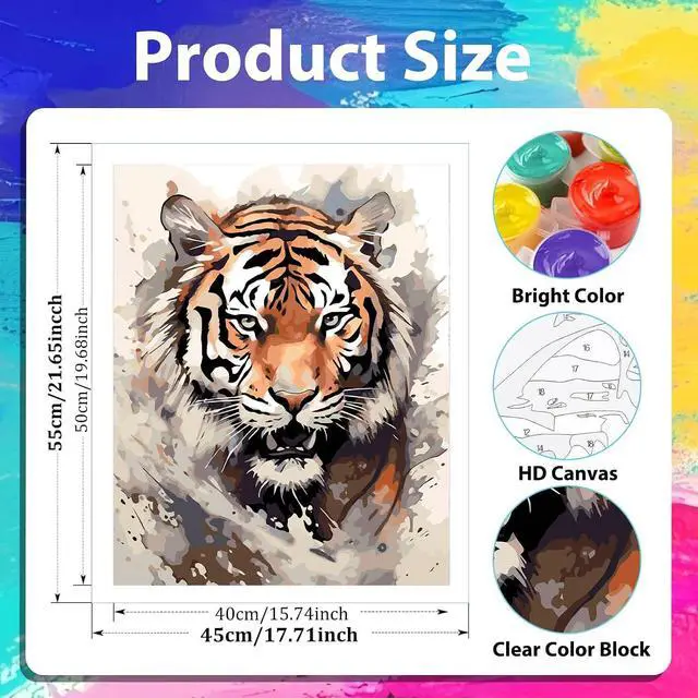 Alt view image 4 of 7 - xcemhil Tiger Paint by Numbers Kit for Adults Beginner, Tiger Paint by Number for Adult, Acrylic Paint by Numbers Kits Suitable for Home Wall Art Decor Gifts 16x20 Inch