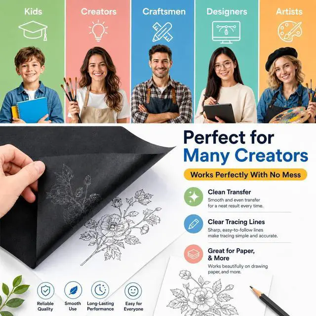 Alt view image 7 of 7 - PSLER Black Carbon Paper for Tracing - 30Pcs Graphite Transfer Paper, A4 | Use with Tracing Paper, Dark Carbon Copy Paper for Drawing Patterns on Wood, Canvas, Fabric, Artist Lettering & Sketching
